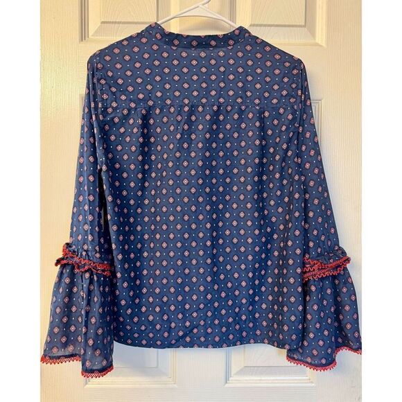 J. Crew Embroidered Blue & Red Long Bell-Sleeve Silk Blend Foulard Top Women's - Picture 4 of 11